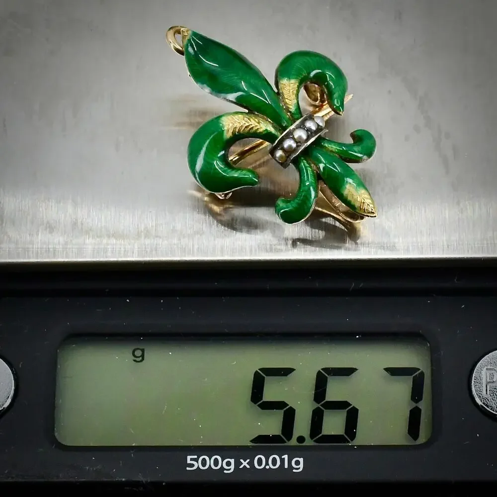 Antique 14K Gold Green Guilloche Enamel Ladies Pendant Watch & Pin Set - NW